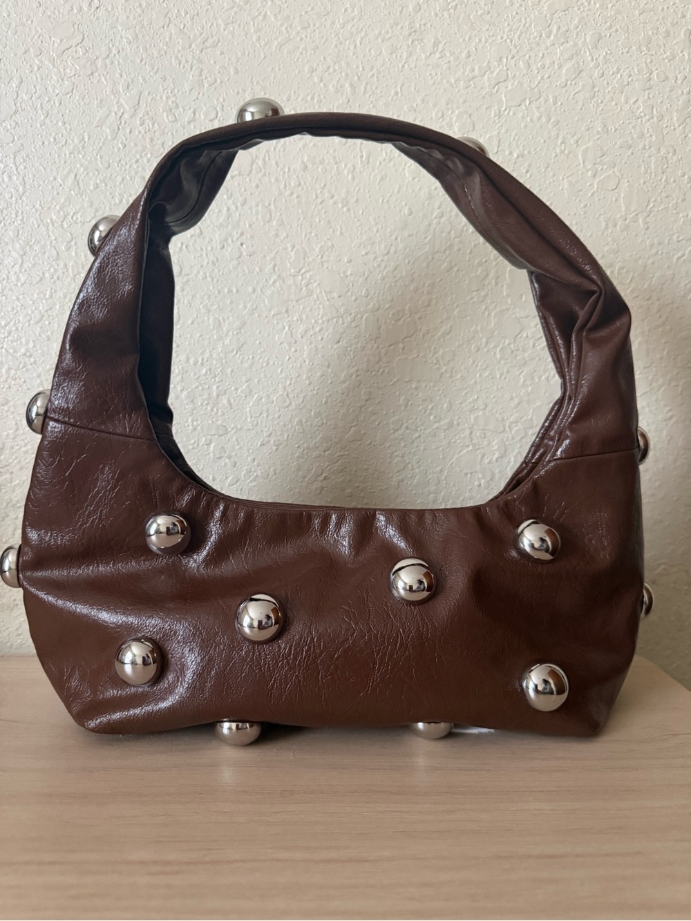 Zara Brown Shoulder Bag with Silver Stud Accents